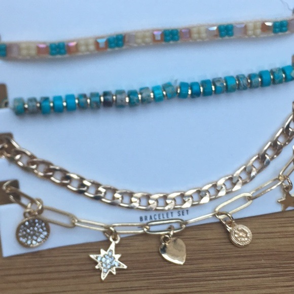 New 4 Piece Turquoise Gold Tone Chain Beads Bracelet Set - Picture 5 of 5